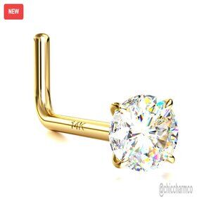 14K Gold L-Shaped Nose Studs, 18G 20G Hypoallergenic with CZ, 1.5-3MM